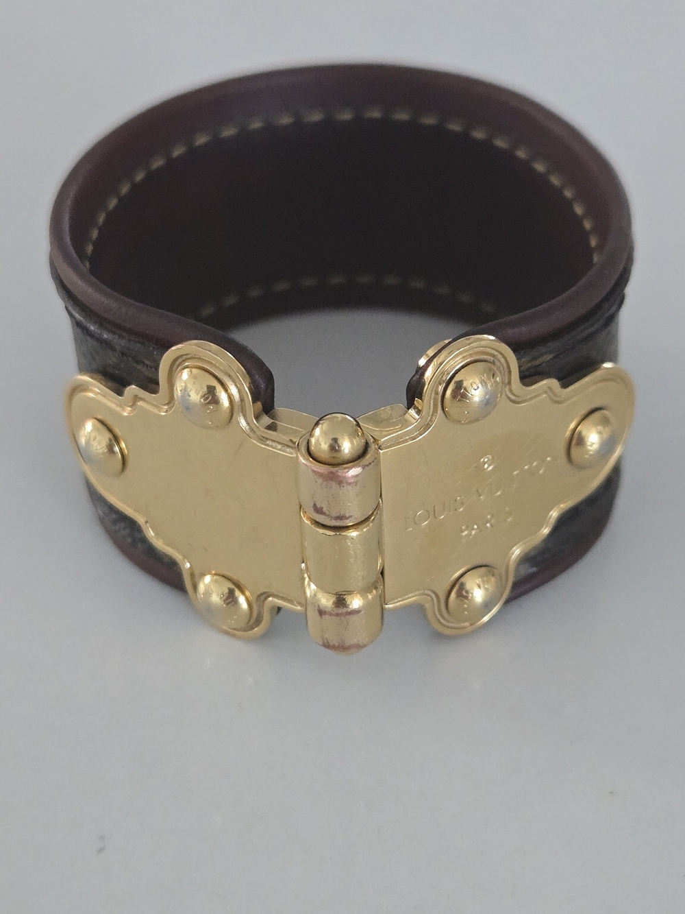 Louis Vuitton Monogram Brown Leather Cuff Bracelet with Gold Hinge